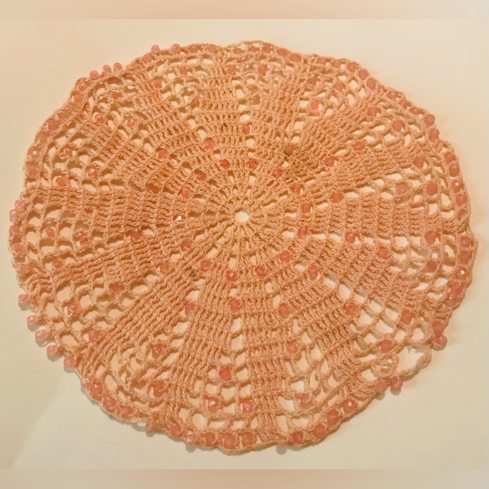 Vintage Peach Hand Crocheted Beaded Doily.       see pictures